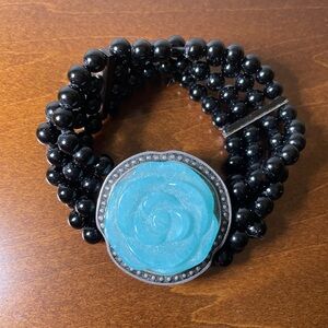 vintage black onyx aventurine art carved rose four strand stretch bracelet QVC